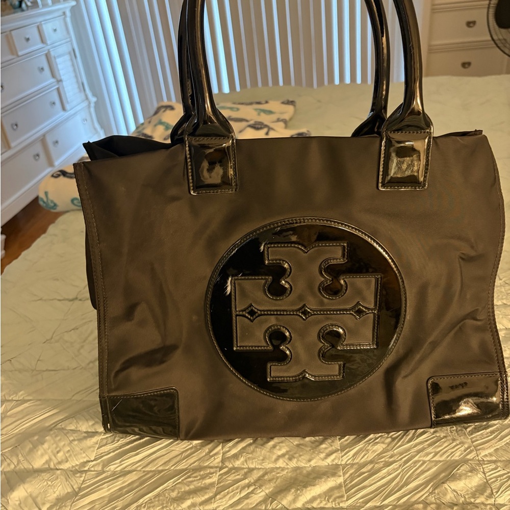 Tory Burch Ella Patent Tote (also known as the Ella Patent Nylon Tote),